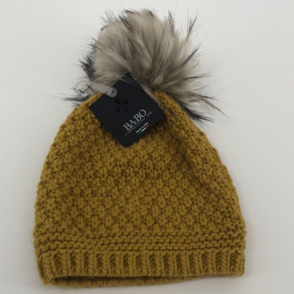 Golden Yellow Knit Hat with Faux Fur Pom